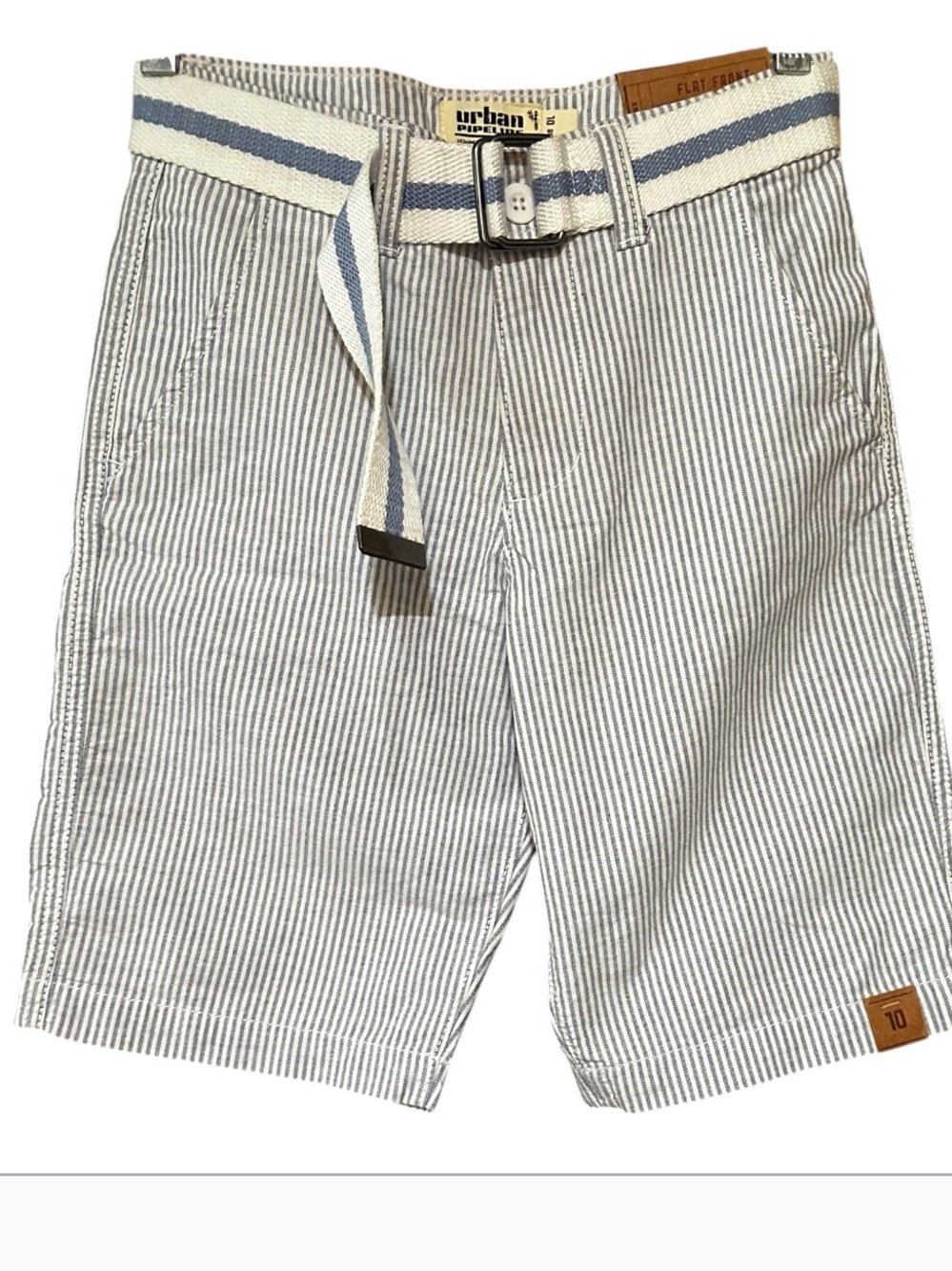 Kids Urban Pipeline White and Blue Pinstripe Flat Front Shorts with Web Belt